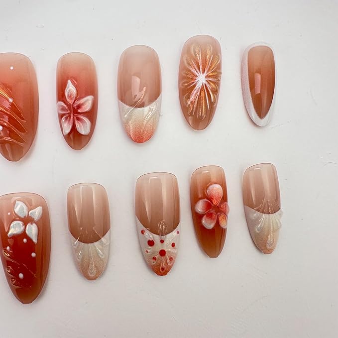 30Pcs Flower Press on Nails Medium Almond Fake Nails with 3D Ice Flower Shell Design Brown Ombre Spring Summer Floral False Nails White French Tip Acrylic Glossy Stick on Nails for Women