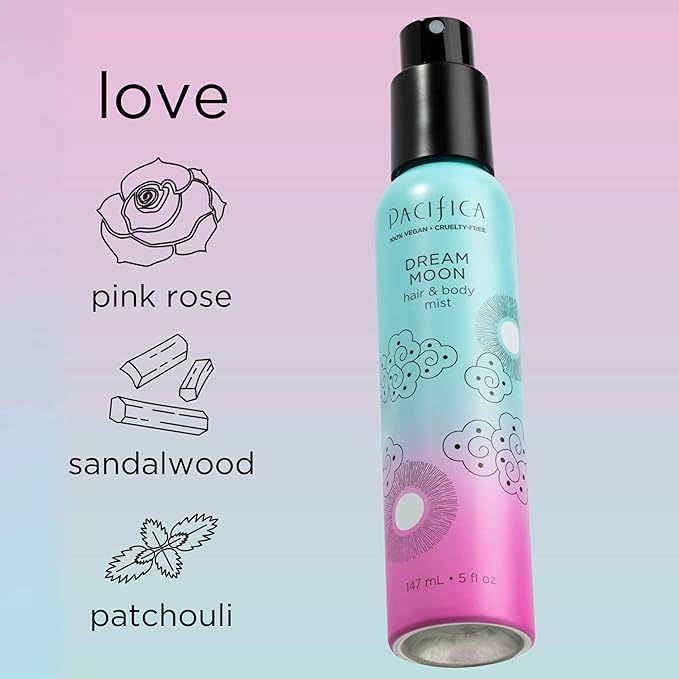 Pacifica Hair Perfume & Body Fragrance Spray Mist - Dream Moon with Bergamot, Pear, Pink Rose, Coconut, Vanilla, Sandalwood & Patchouli – Alcohol-Free, Vegan & Cruelty-Free, 5 oz (1 Count)