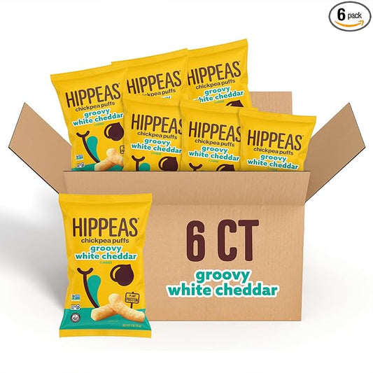 Hippeas Chickpea Puffs, Groovy White Cheddar, 4 Ounce (Pack of 6), 4g Protein, 3g Fiber, Vegan, Gluten-Free, Crunchy, Plant Protein Snacks