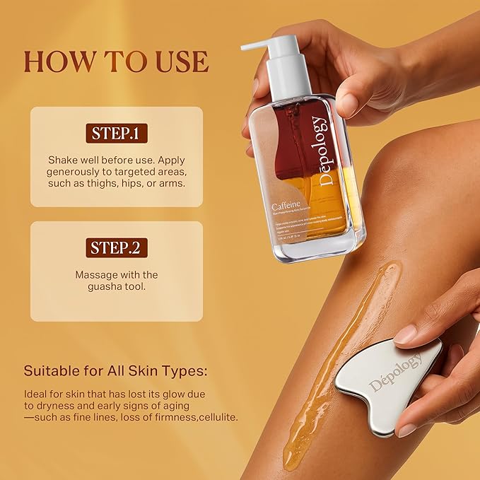 depology Caffeine Body Firming Serum Oil – Non-greasy Hydrating Body Glow Dual-Phase Oil for Dry, Aging Skin with Gua Sha Tool – Skin Tightening Oils with Squalane, Camellia & Caffeine – 5.07 fl oz