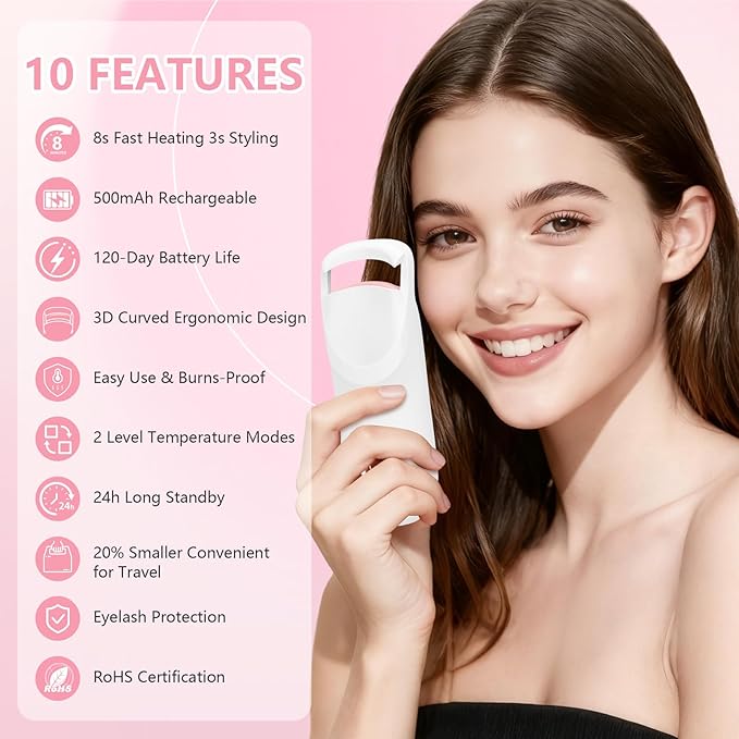 Heated Eyelash Curler, Electric Eyelash Curler with 2-Temp Modes & Type-C Charging, 8s Fast Heat 3s Style 24H Lift for Long-Lasting Natural Effortless Curls, Mini Heated Lash Curler for Women(White)