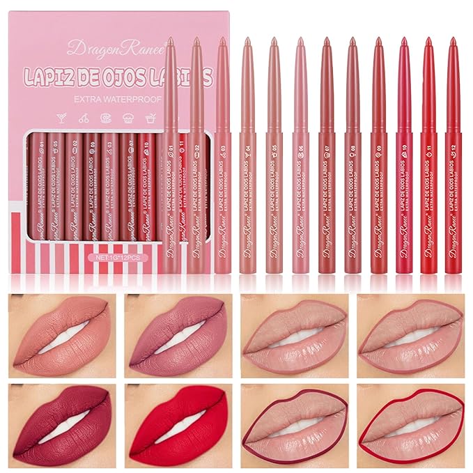 12 Colors Matte Lip Liner/Lipstick Set,One Step Lips Long