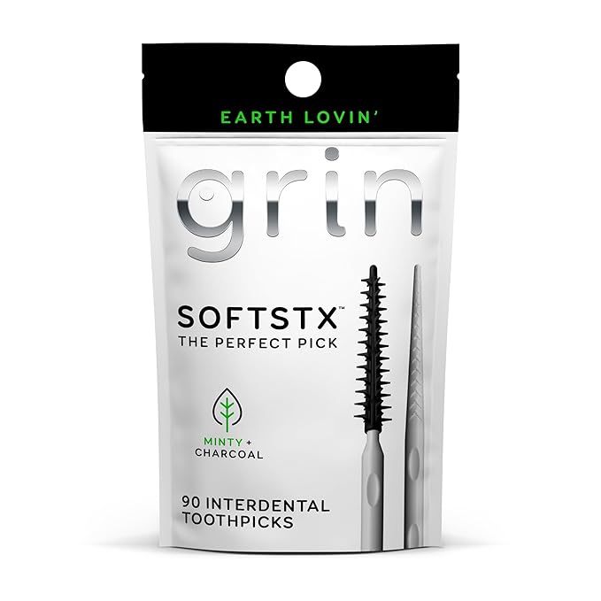 Grin Charcoal Infused Softstx, Gentle Dental Picks, 90 Count, Soft Flexible Bristles, Textured Plaque Removing Toothpick, Minty Flavor, for Between Teeth, Refillable Hygienic Case