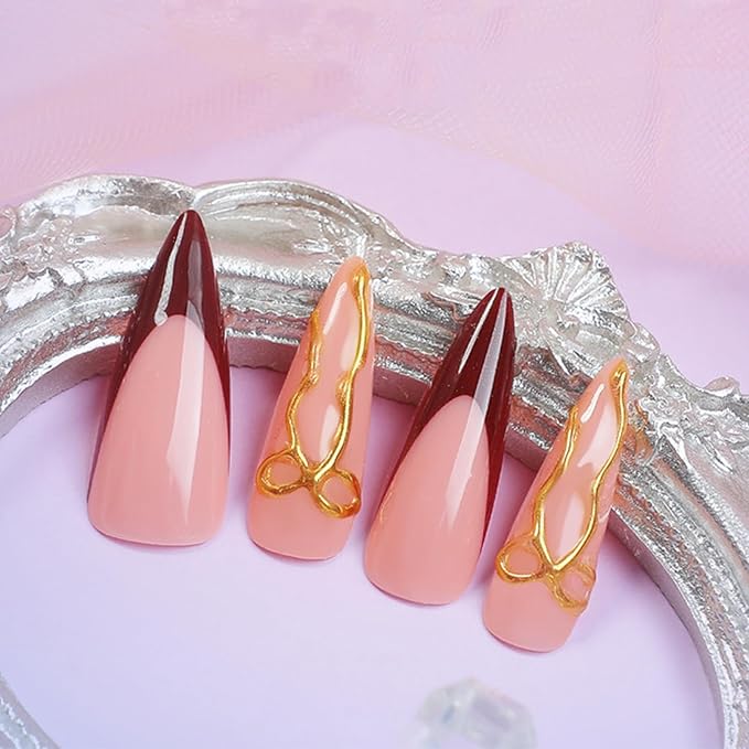 IMRAIN Press on Nails Long Stiletto Fake Nails Wine Red French Tips False Nails with 3D Golden Bow Designs Full Cover Glossy Glue on Nails Artificial Acrylic Nude Nail Press ons 24Pcs