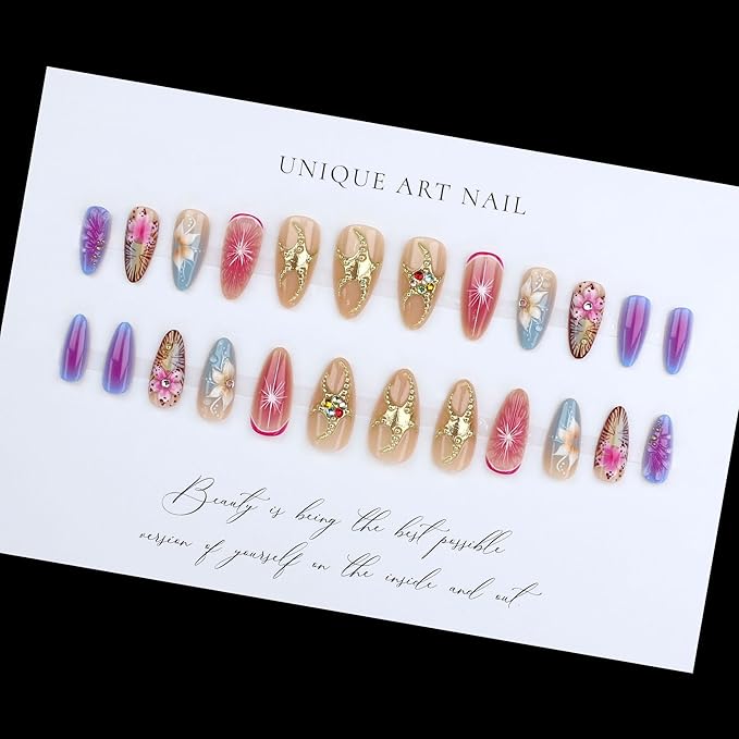 3D Flower Press on Nails Medium Almond Fake Nails Golden Starfish with Colorful Rhinestones Design Handmade Nails Pink Grapefruit False Nail Gradient Artificial Glue on Nail for Women 24Pcs
