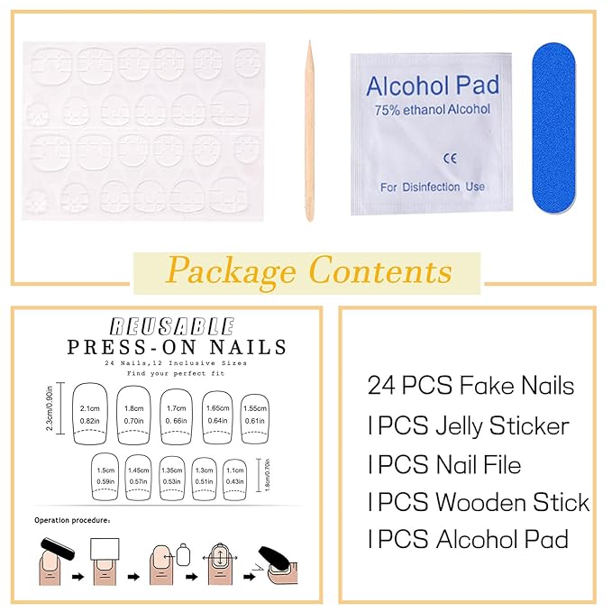 Press on Nails Medium Square Fake Nails French Tip Nails Press ons Glossy Glue on Nails White Ombre Acrylic Nails Brown False Nails with Glitter Designs Artificial Stick on Nails for Women 24Pcs