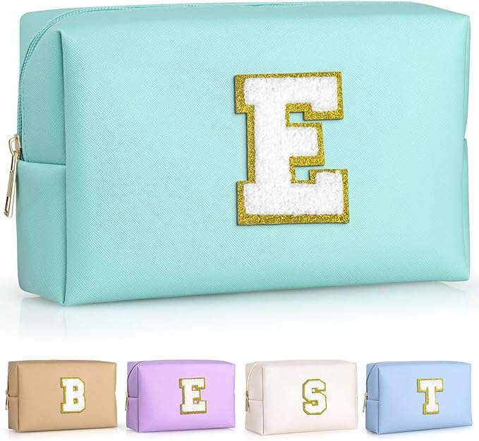 TOPEAST Monogrammed Gift for Women Girls, Personalized Initial Makeup Bags Cosmetic Bag with Zipper, Cute Makeup Pouch, PU Leather Waterproof Toiletry Bag, Preppy Gifts Stuff for Girl (Blue E)