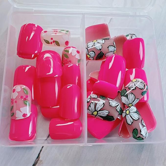 48Pcs Flowers Press on Nails Short Spring Fake Nails Kit with Cute Floral Designs Glossy Pink Full Cover French Nails Press ons Square Shape Flower Stick on Nails Acrylic Nails for Women Daily Wear