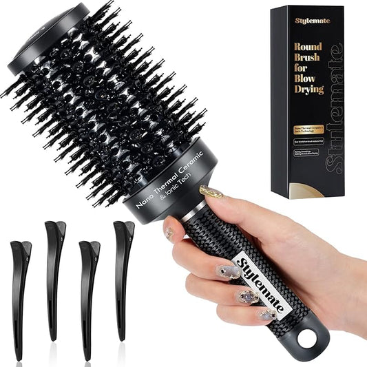 Round Brush, (Barrel 1.7 Inch, 45mm) Nano Thermal Ceramic & Ionic Tech Round Barrel Roller Hair Brush with Boar Bristles for Blow Drying-Black