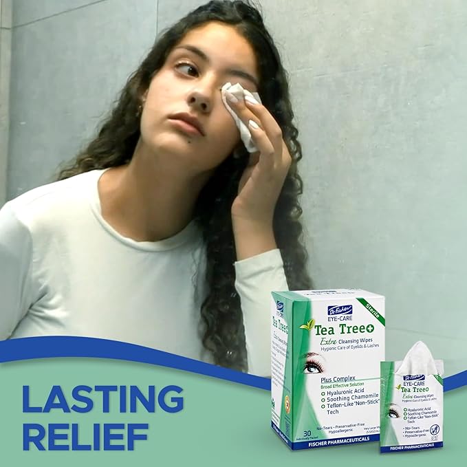 Dr. Fischer Tea Tree Oil Eye Wipes - Eyelid Wipes for Sensitive Eyes with Hyaluronic Acid and Chamomile, Makeup Remover, Daily Cleanser (30 wipes)