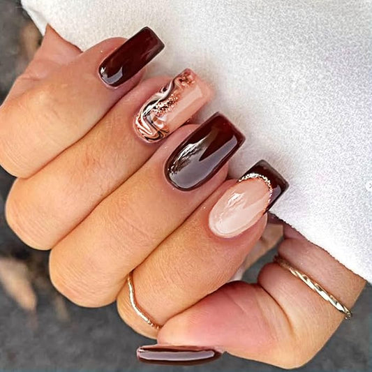 Fall Press on Nails Medium Square Fake Nails with Beach Designs Brown French Tip Nails Press ons Full Cover Acrylic Nails for Women 24Pcs