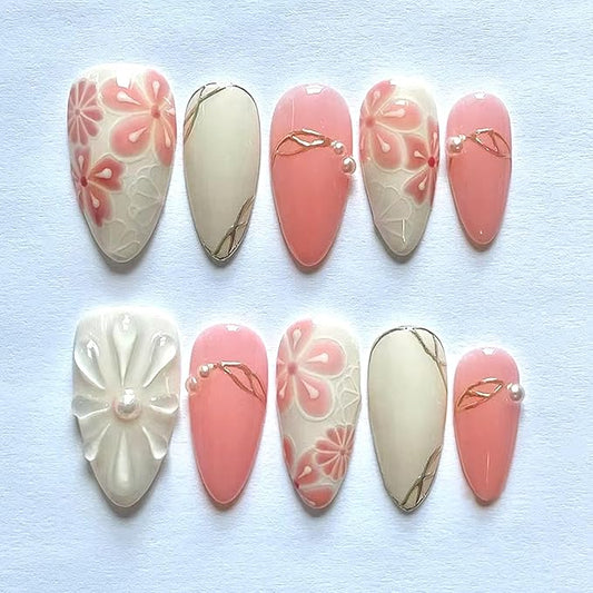 30Pcs Flower Press on Nails Medium Almond Fake Nails Delicate Floral with Pearl Glossy Design Pink White Full Cover Stick on Nails Spring Summer False Nails Acrylic Nails French for Women Manicure