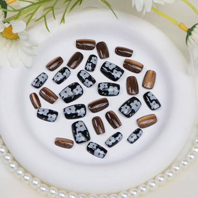 Cat Eye Press on Nails Short Coffin Fake Nails with Flower Glitter Designs Black Nails Press ons Glossy Brown Acrylic Spring Winter Fall Cute for Women 24Pcs