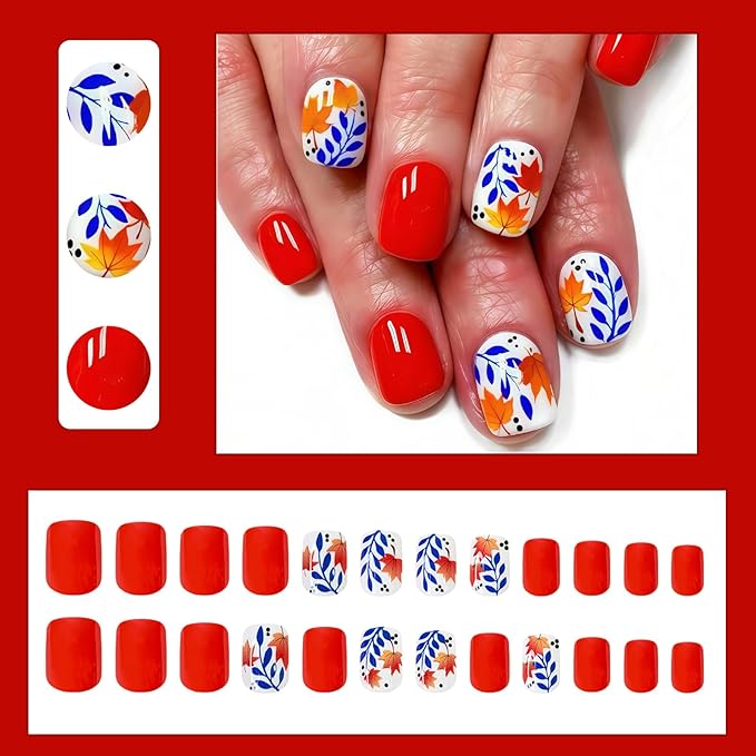 24Pcs Fall Red Press on Nails Short Square Fake Nails with Maple Leaf Design Autumn False Nails Thanksgiving Glue on Nails Blue Leaf Polka Dot Full Cover Artificial Nail for Women Holiday Manicure