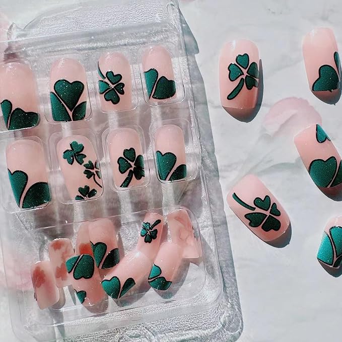 St. Patrick's Day four-leaf Press on Nails with French Clover Glitter Design,Glossy Sparkly Silver Green Four Leaf Clover Fake Nails Full Cover Glue on Nails Lucky Shamrock Stick on Nails for Women