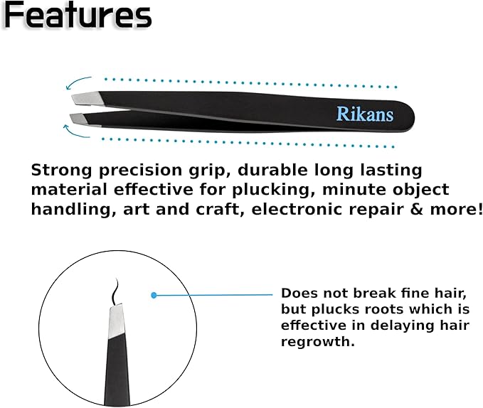 Rikans Precision Tweezers Set – Pack of 4 Black Professional Tweezers – Handy Carry Pouch – Superior Stainless Steel Tweezer Set – Splinters, Eyebrows, Facial or Ingrown Hair – Blackheads Remover