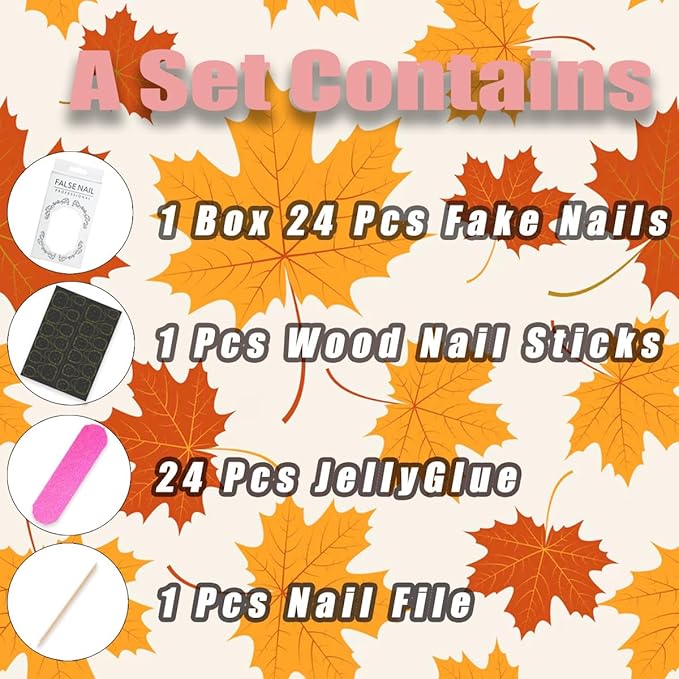 30Pcs Fall French Tip Press on Nails Medium Almond Thanksgiving Fake Nails 3D Flower with Gold Bead Glitter Designs Autumn Holiday Stick on Nails with Glue Maple Leaf False Nails for Women Acrylic