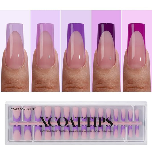 BTArtboxnails XCOATTIPS Purple French Tip Press On Nails - Long Press On Nails Square, Soft Gel Nail Tips, 150Pcs Soak Off Acrylic Pink Fake Nail Extension in 15 Sizes