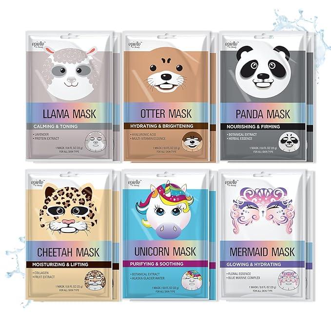 Epielle Character Face Mask Mystical Safari 12 Pack, Fun & Effective Korean Skin Care, Spa Party Favors, Stocking Stuffers, Birthday Gifts for Women, Thanksgiving Essentials