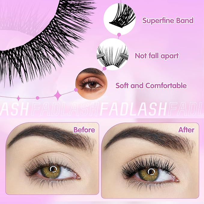 FADLASH Lash Clusters Natural Eyelash Clusters 8-16mm DIY D Curl Cluster Eyelash Extensions Reusable Individual Lashes with Soft Thin Band for Self Use (R017, 8-16mm)