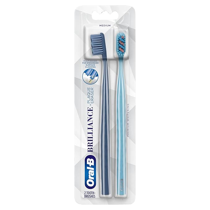 Oral-B Brilliance Premium Whitening Toothbrush with Plaque Eraser, Medium, Sky Blue and Gray, 2 Count