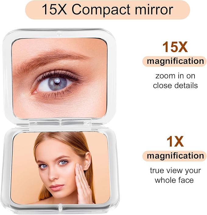 15x Magnifying Compact Mirror for Purses and Travel - Handheld 2 Sided 15x/1x Makeup Mirror - Slim Pocket Mirror, Portable & Foldable Square 3.3” x 3.3” (Silver)