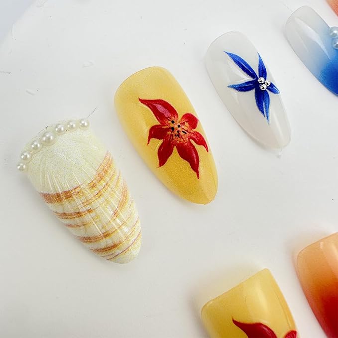30Pcs Summer Press on Nails Medium Almond Fake Nails with 3D Shell Pearl Rhinestones Design Spring Floral Beach Acrylic False Nails Blue Ombre Vacation Stick on Nails Glue on Nails for Women
