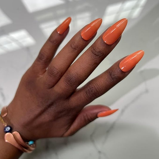 WOOYAS Medium Length Fake Nails - Almond Shaped, Terracotta Orange, Reusable Glue On Nails, Simple Manicure for Women & Girls, 24 Pcs