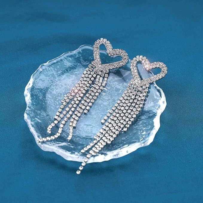Boho Rhinestone Heart Tassel Earrings Long Tassel Chain Dangle Earrings Silver Crystal Cz Love Heart Studs Earrings Long Chandelier Dangle Earrings Wedding Cz Fringe Chain Earrings Jewelry for Women and Girls