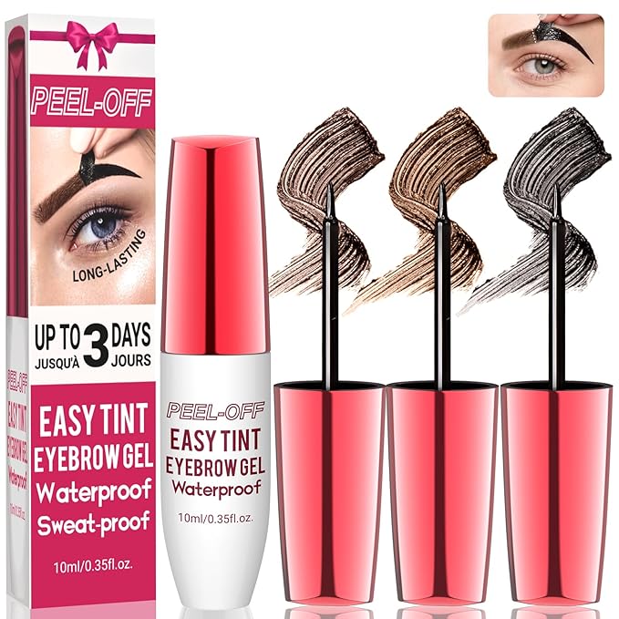 Peel Off Eyebrow Gel Kit,3PCS Easy Tattoo Brow Peel Off Gel for Women,Waterproof,Sweatproof,Natural Brows Color,For Fuller & Defined Looking Brows,DIY at Home(Brown+Darkbrown+Balck)