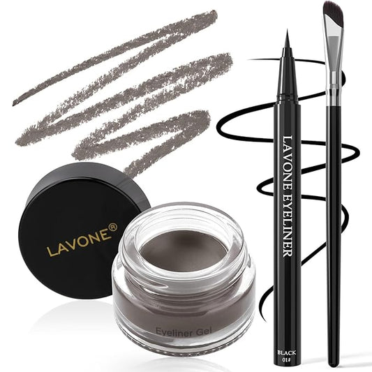 LAVONE Eyeliner Set - Waterproof Makeup Kit with Liquid eyeliner Pencil, Gel Eyeliner & Angled Eye liner Brush, Waterproof, Smudge Resistant, Long Lasting Formula - Gray
