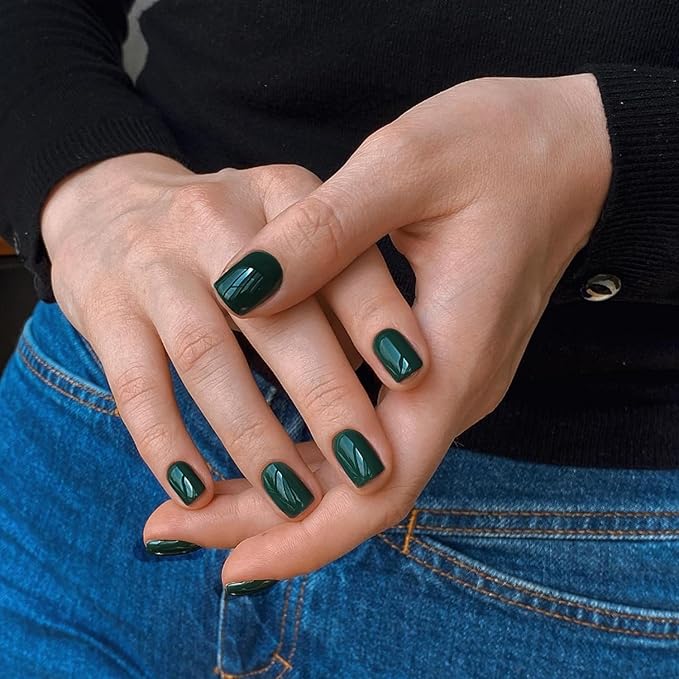 48Pcs Dark Green Press on Nails Short Square Fake Nails, Spring Glue on Gel Nails Press ons, Acrylic Nails Stick on False Nails for Women Extra Short Nails Small Petite