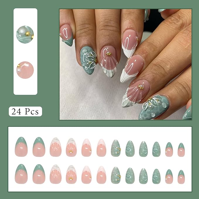 24Pcs Green Press on Nails Medium Almond French Tip Fake Nails with 3D Flower Shell Designs Acrylic Stick on Nails Pearl Gold Beads False Nail Summer Beach Glue on Nail for Women