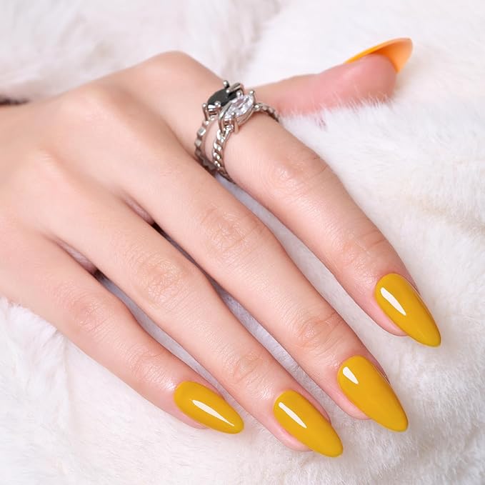 Wooyas Press on Nails Almond, Yellow Medium Handmade Fake Nails Reusable, Made by Soft Gel, Lightweight Natural Glossy Fake Nail in 12 Sizes - 24 Pcs Soft Gel Glue On Nails Kit