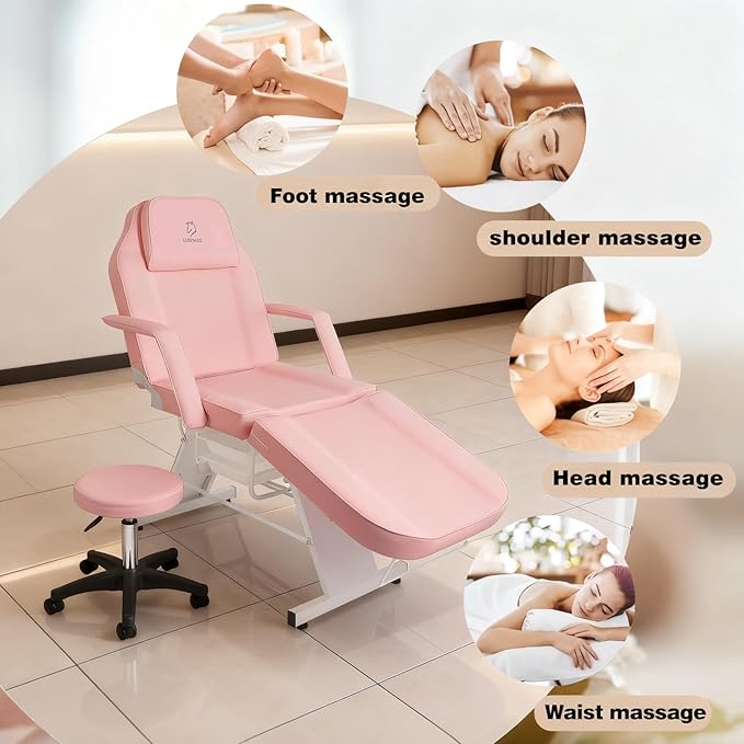 Facial Chair, Tattoo Chair Massage Bed with Hydraulic Stool for Professional Massage Facial Lash Beauty Treatment Spa, Pink