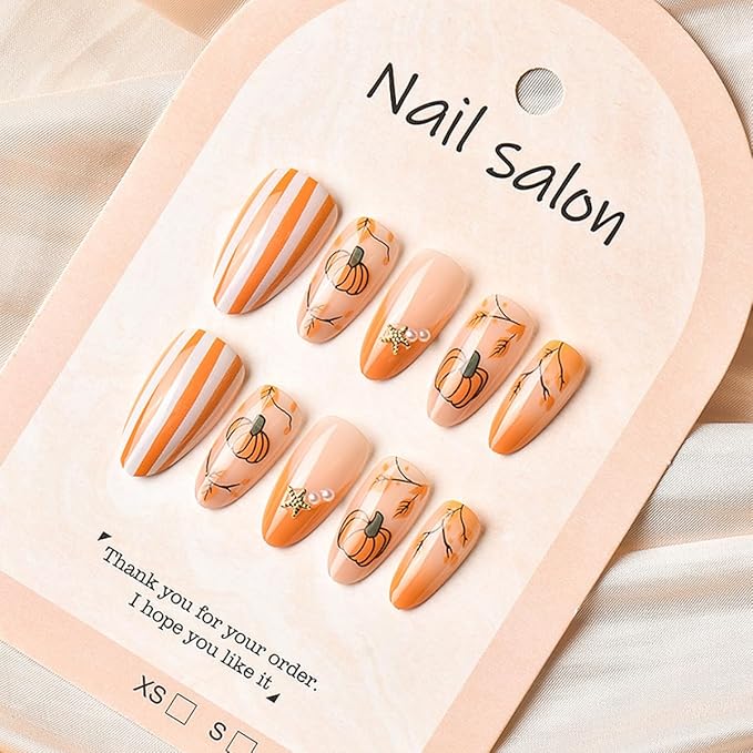30Pcs Cute Fall Press on Nails Almond Medium Fake Nails Autumn Cute Pumpkins Stripe Maple Leaves Acrylic Nail Starfish Pearl Nail Charms Reusable French Tips Glue Stick On Nails for Women Manicure