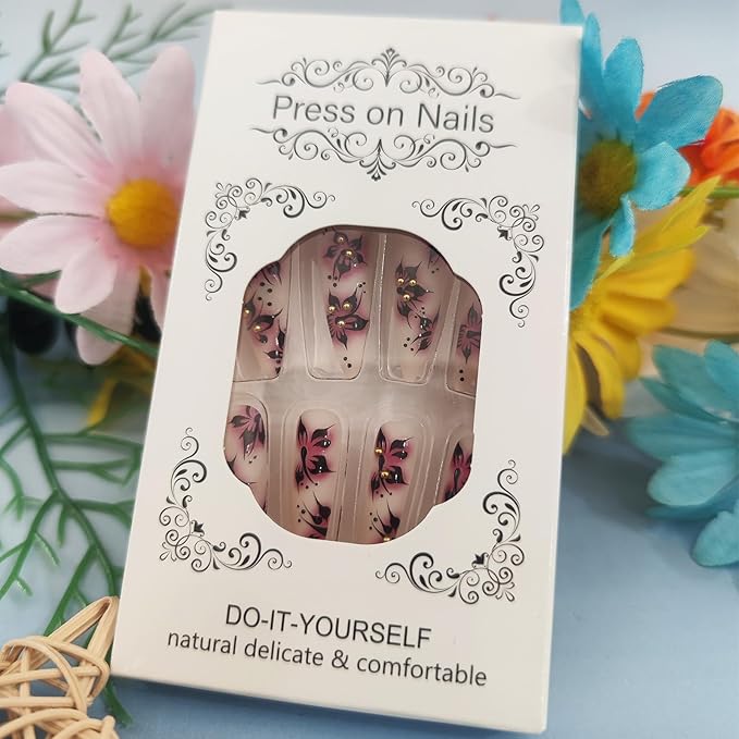 24Pcs 3D Flower Press on Nails Polk Dots Gel Glue on Acrylic Fake Nails Blood Flowers Press ons Fingernails Matte Pink Gradient Long Stiletto False Nail Pearls Stick on Nail for Holiday Manicure Art