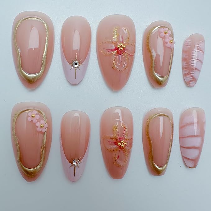 24Pcs Pink Press on Nails Medium Almond Fake Nails with 3D Gold Frame Flower Beads Rhinestones Design Spring Floral Butterfly Acrylic False Nails Pink French Tips Glue on Nails for Women