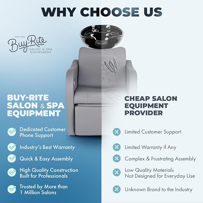 Buy-Rite Lexus Backwash Unit with Tilting Black Porcelain Shampoo Bowl, Extra Wide Foam Padded Seat, Kick-Out Leg Rest & European Style Single Handle Faucet - Gray Salon Shampoo Chair, TS-8018B