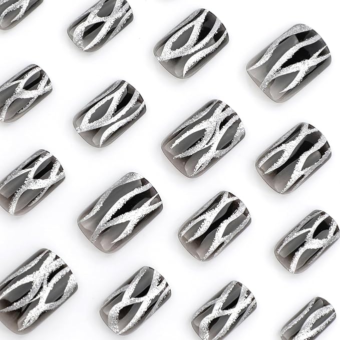 Short Square Acrylic False Nails Sparkly Fire Pattern Press on Nails 24Pcs Shine Curve Line Stick on Nails Glossy Silver Glitter Fake Nails Black Gel Glue on Nails for Coquette Women Girls