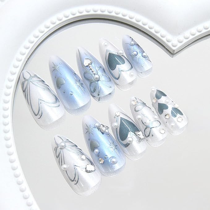 24pcs Dark Blue Press on Nails Medium Almond Fake Nails Press on With Hand Drawn Metal Lines Design Full Cover False Y2k Glitter Press On Sparkling Heart Bow Pearl Full Cover Stick on Nails for Women