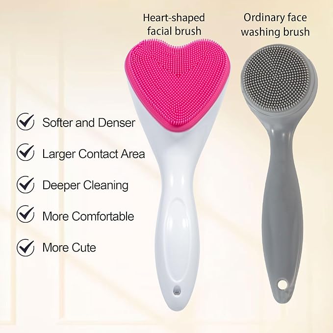 Silicone Face Scrubber Exfoliating Brush 2 Pack, Manual Handheld Facial Cleansing Brush Blackhead Scrubber, Soft Bristles Waterproof for Face Skincare (Black Hot-Pink,Heart)