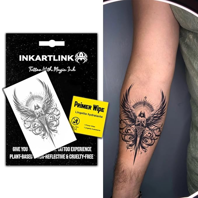 INKARTLINK Semi Permanent Tattoo, party tattoo, beautiful and realistic design, fun tattoo experience, cruelty-free, non-reflective, waterproof (Sword holding angel)
