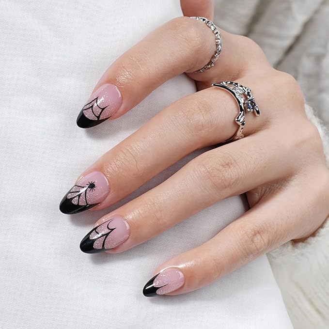 Halloween Press on Nails - Glossy Black French Tip Press on Nail, Short Almond Fake Nails Reusable Nails Press ons for Women, 32 Pieces in 16 Sizes False Nails Kit with Glue, Dark Veil