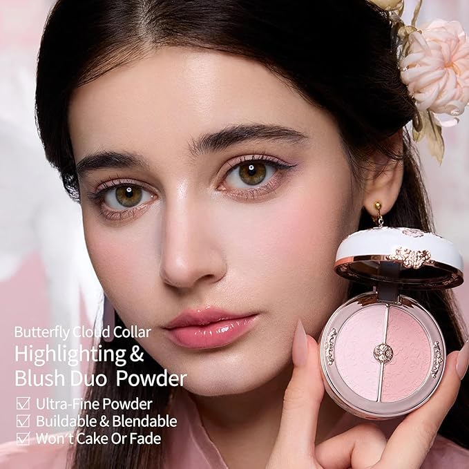 Flower Knows Butterfly Cloud Collar Rouge Box Highlighting & Blush Duo Powder,Nude+Peach Matte Finish Blush & Highlighter Palette,Buildable & Blendable Makeup for cheeks(01 Rouge Snow)