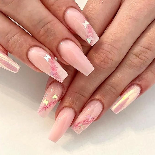 Coffin Press on Nails Medium Fake Nails Light Pink Glue on Nails Butterfly Sequins Glitter Design False Nails Press ons Glossy Full Cover Acrylic Nails Artificial Stick on Nails for Women Girls 24Pcs