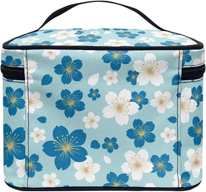 Blue White Cherry Blossom Pattern Travel Makeup Bags for Women Portable Tote Cosmetic Case with Carry Handle Daisy Floral Toiletry Accessories Storage Organizer Bags