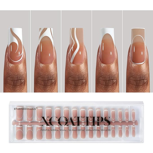 BTArtbox French Tip Press on Nails - 5 Styles XCOATTIPS Short Coffin Nails, Pre-Designed Swirl Soft Gel Nail Tips, Ultra Fit False Nails, Soak Off Acrylic Fake Nails Extensions for Nail Art