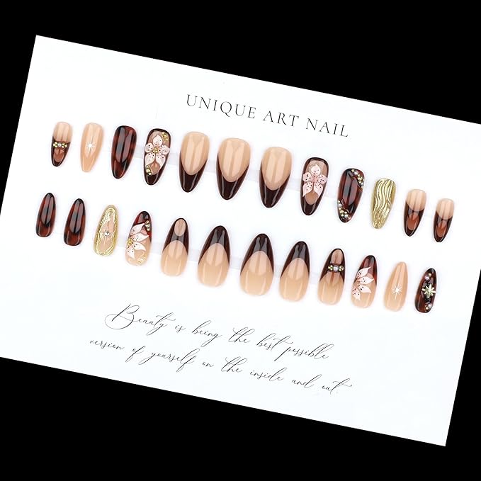 Fall Press on Nails Brown French Tip Fake Nails with Gold Charm Designs Medium Almond Handmade Glue on Nail Tortoiseshell Leopard False Nails 3D Floral Stick on Nails for Women 24Pcs