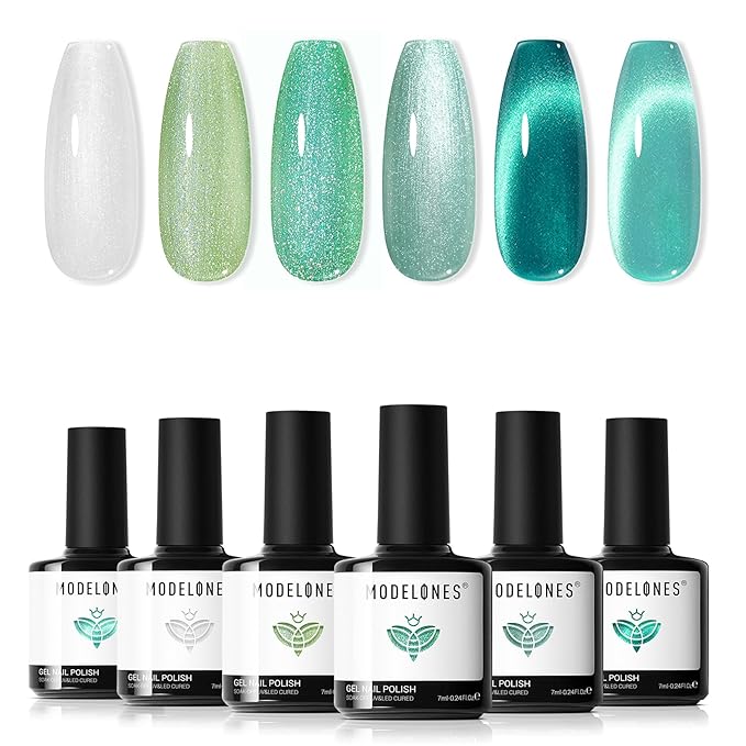 modelones Glitter Gel Nail Polish Set, 6 Colors White Green Lake Blue Pearl Shimmer 9D Cat Eye Gel Polish with Magnet Soak Off LED Nail Art Kit Salon DIY Home Gift
